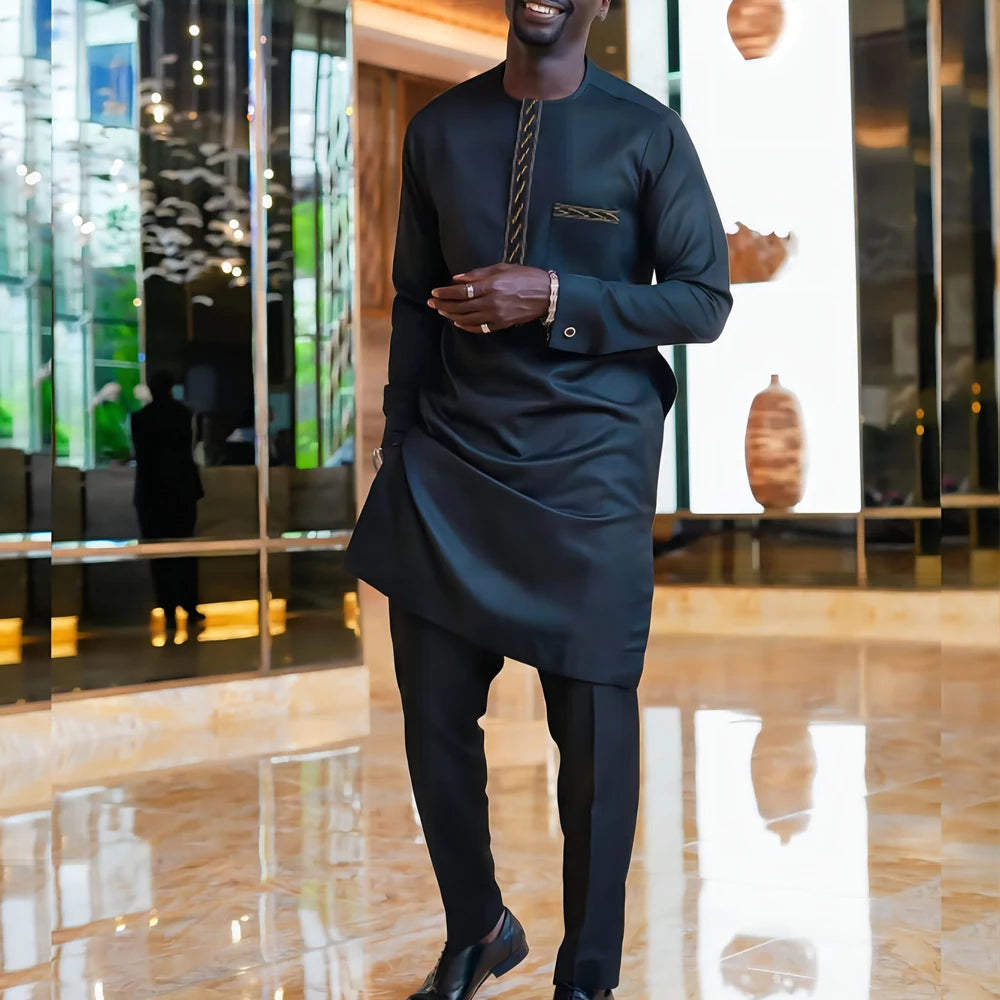 Vêtements pour hommes africains costume deux pièces pantalon ensemble col rond couture couleur unie manches longues Festival Style ethnique social