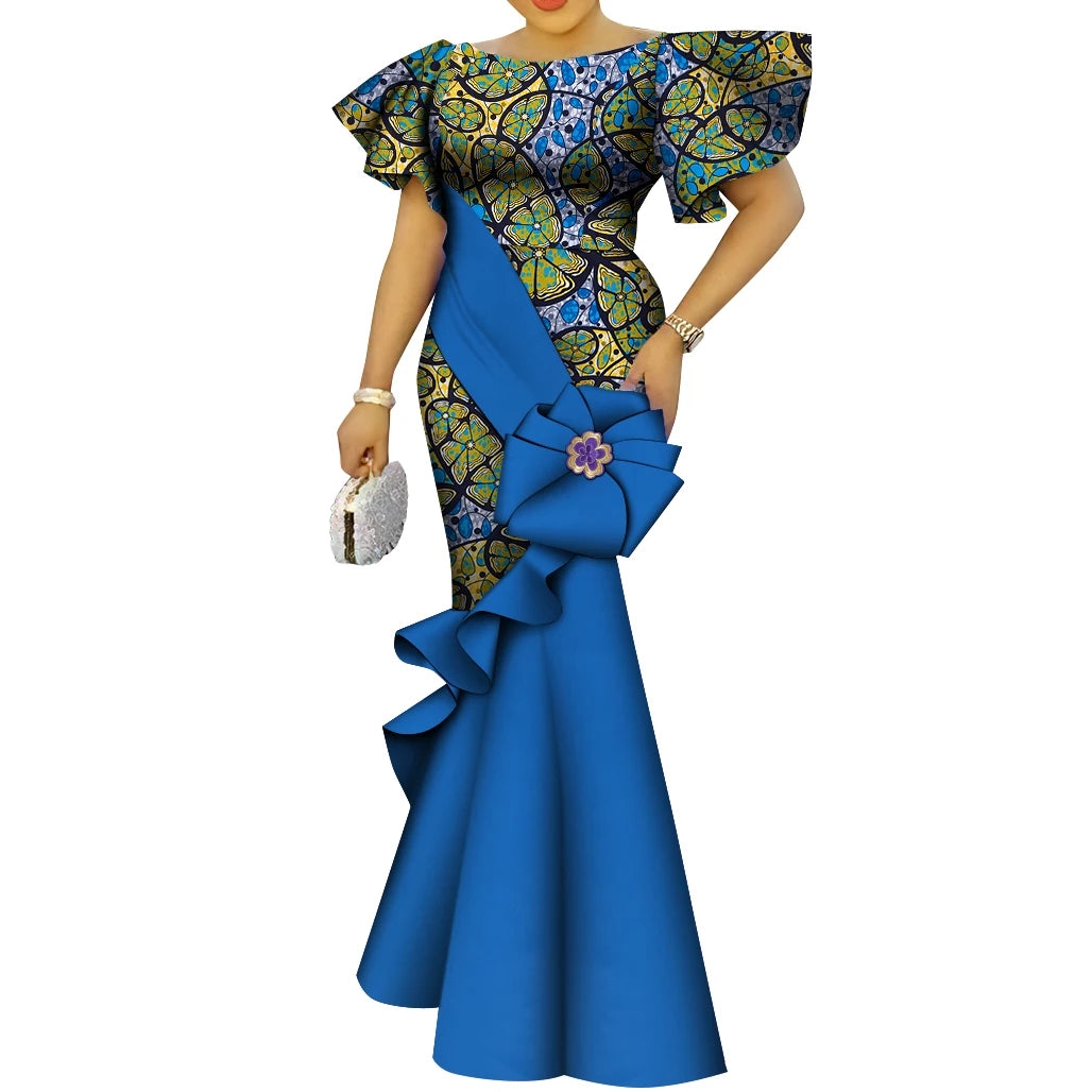 African Women's Dress Elegant Ladies Evening Gowns Ankara Long Robes Flower Dresses Vestidos Church Dresses for Women WY9498