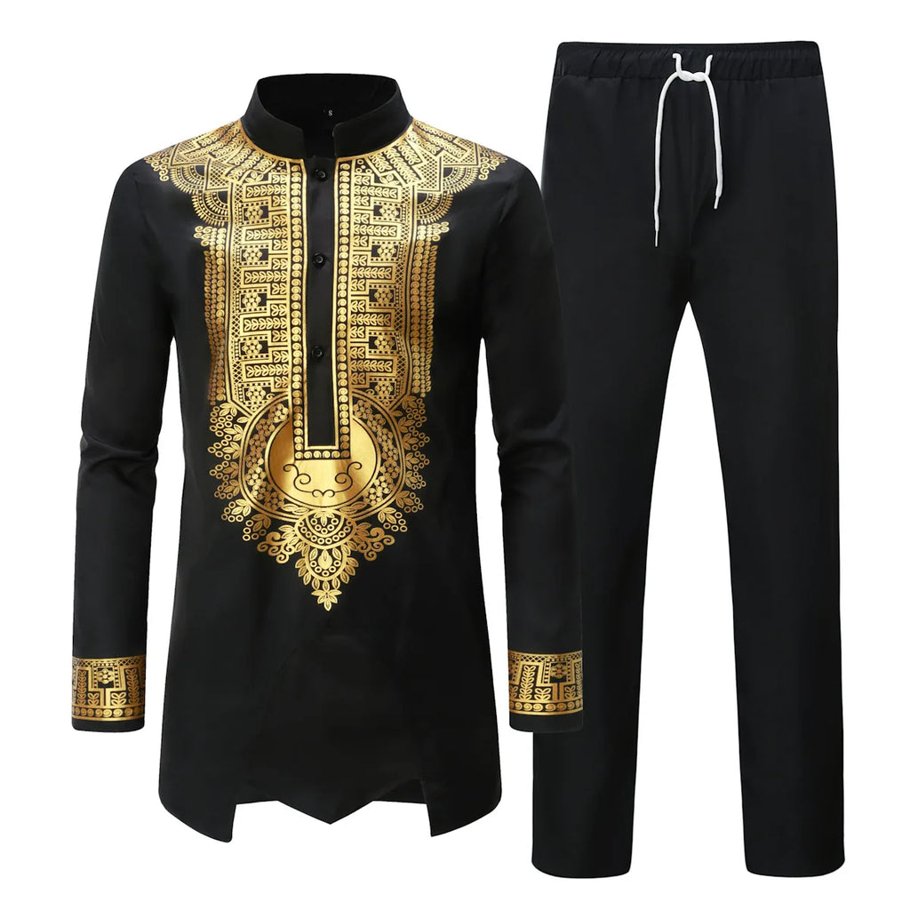 Vêtements traditionnels pour hommes, ensembles africains deux pièces, chemises à manches longues à col montant imprimées, pantalons, streetwear 2026, tenue ethnique africaine