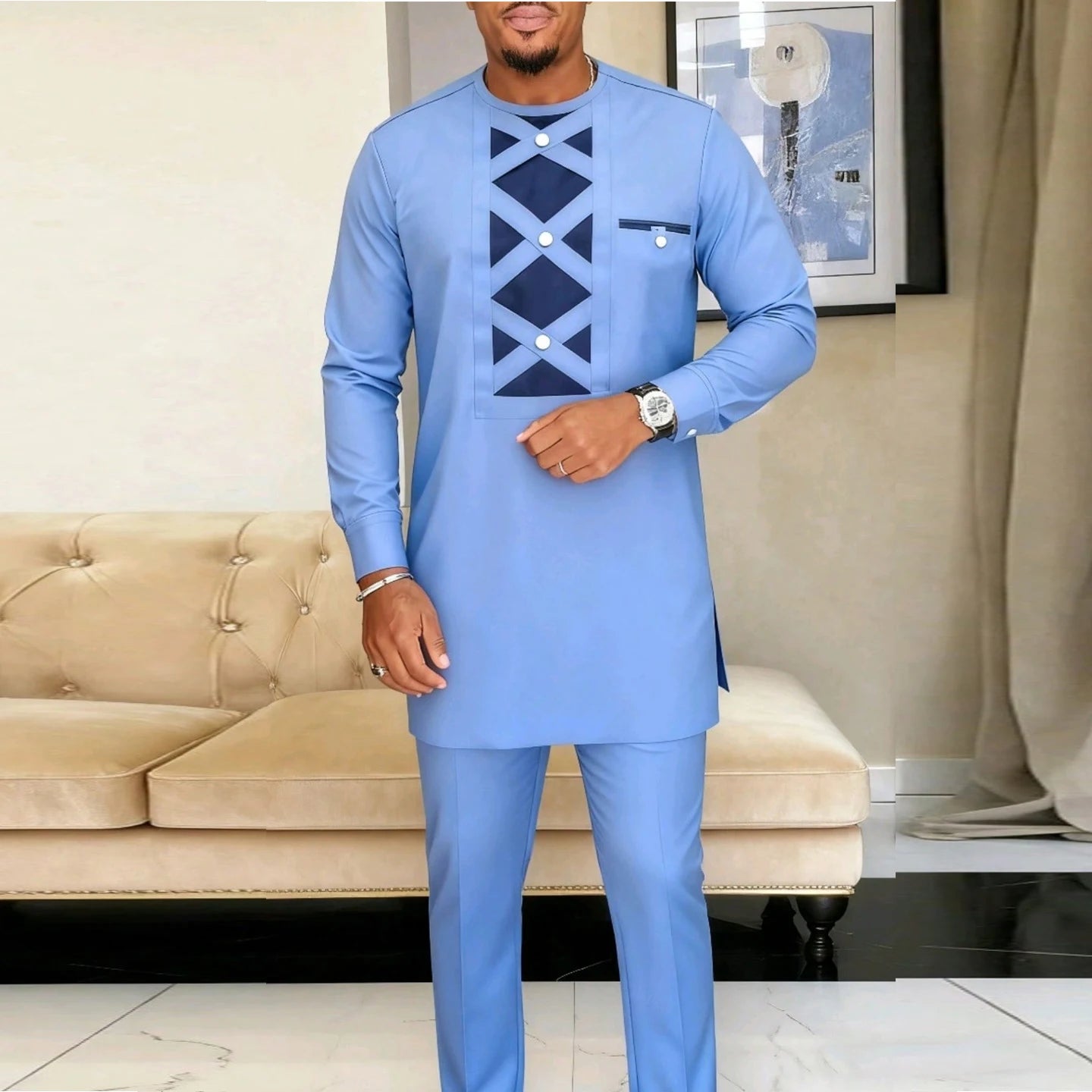 Ensemble Kaftan pour homme, costume Kaunda, haut à col rond à manches longues, pantalon, tenue traditionnelle africaine pour homme, ensemble de vêtements 2 pièces, ensembles de mariage, décontracté
