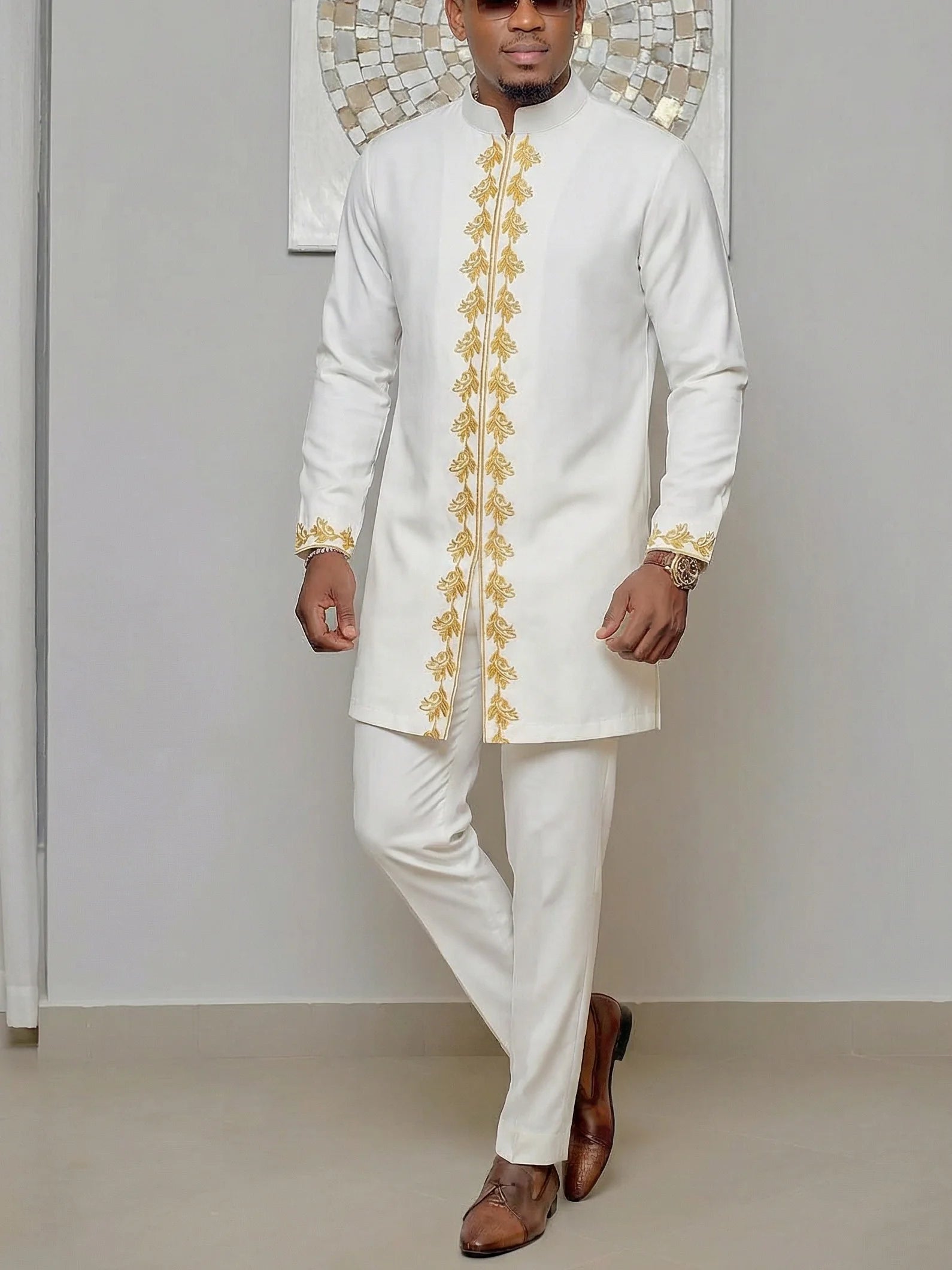 Ensemble Kaftan pour homme, costume Kaunda, haut à col rond à manches longues, pantalon, tenue traditionnelle africaine pour homme, ensemble de vêtements 2 pièces, ensembles de mariage, décontracté