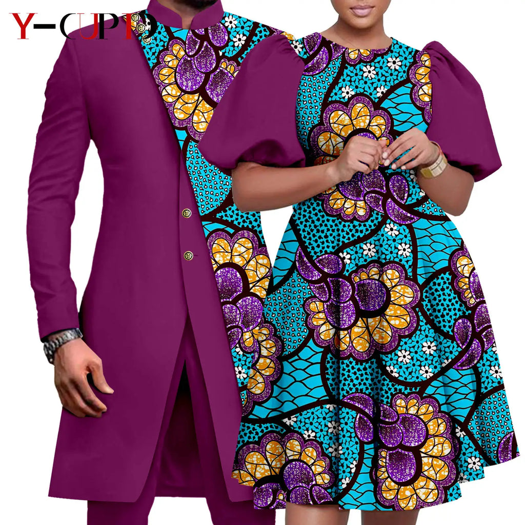 Vêtements Africains Assortis pour Couple Dashiki, Robe Imprimée, Bazin Riche, Ensemble Veste et Pantalon Imbibés, 2 Pièces, Y23C076