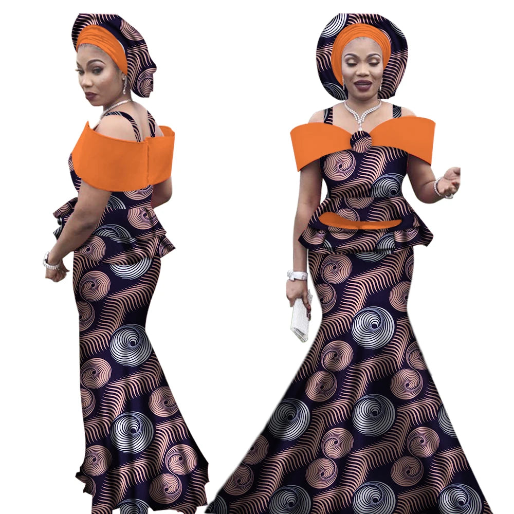 African Outfits with Headtie for Women Dashiki Bazin Print Strap Tops and Long Skirts Women Set African Clothing WY3113