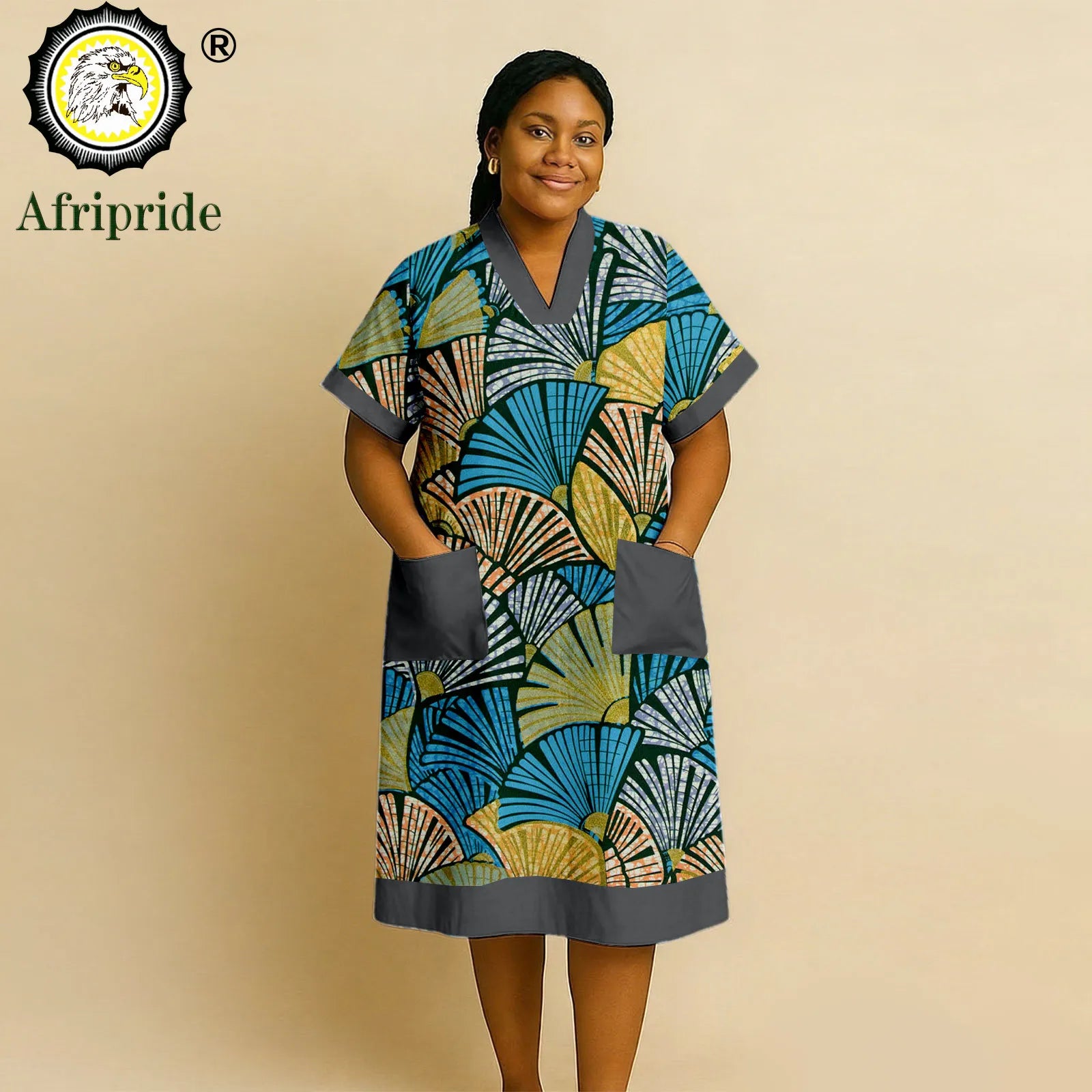 African Dresses for Women Short Sleeve V-Neck High Waist Pocket Elegant Fashion Ankara Attire Floral Printed Dresses 2625032