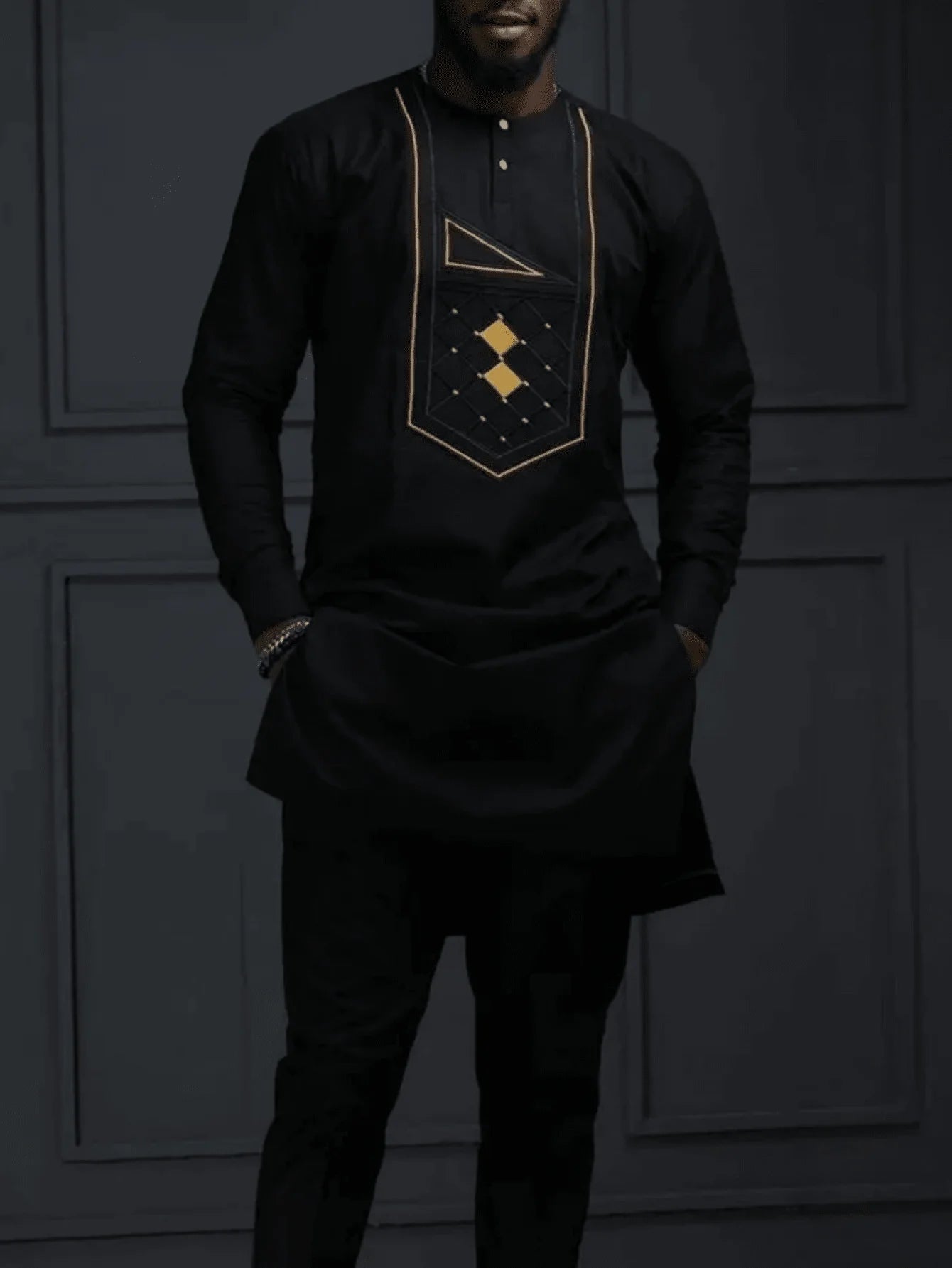Costume traditionnel africain pour homme, chemise à manches longues de style ethnique imprimée et patchwork, pantalon décontracté, ensemble 2 pièces pour les vacances