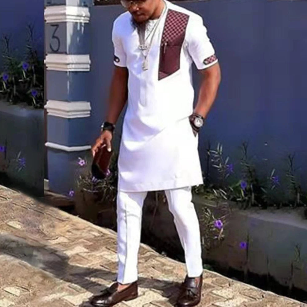 Vêtements pour hommes africains costume deux pièces pantalon ensemble col rond couture couleur unie manches longues Festival Style ethnique social