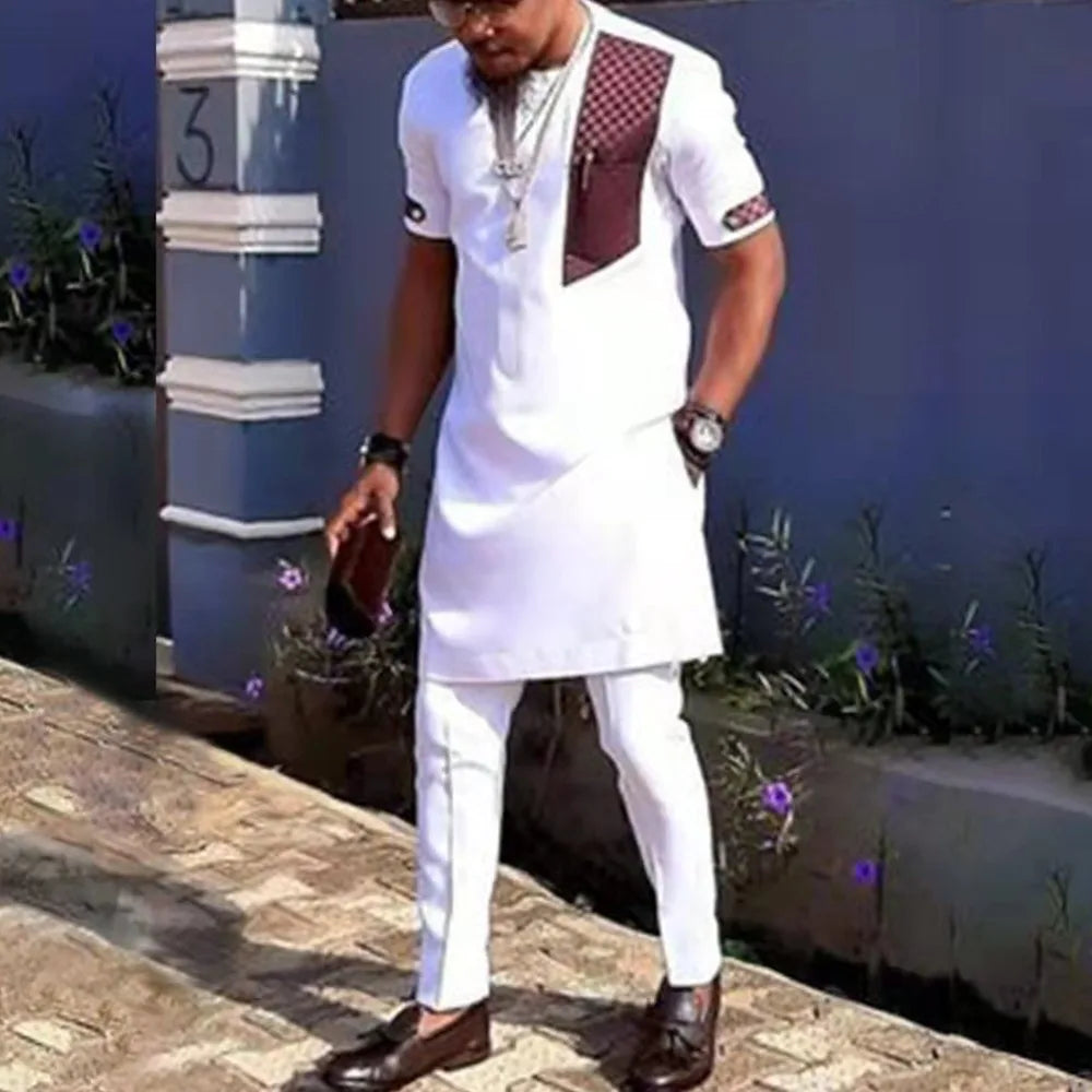 Costume traditionnel africain pour homme, chemise à manches longues de style ethnique imprimée et patchwork, pantalon décontracté, ensemble 2 pièces pour les vacances