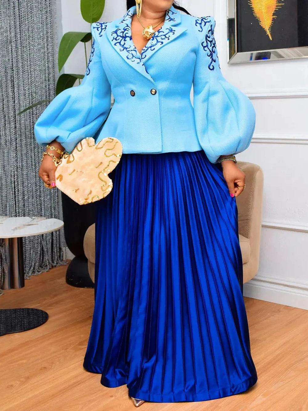 African Clothes For Women 2 Piece Matching Long Sleeve Tops And Pleated Skirt Suit Party Evening Dress Wedding Guest Attire Robe
