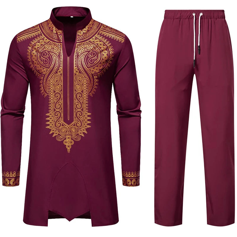 Ensemble de Robe imprimé africain à col montant pour hommes, noir/blanc, tenue de chef Tribal du moyen-orient de saphir, haut + pantalon, 2 pièces, 2026