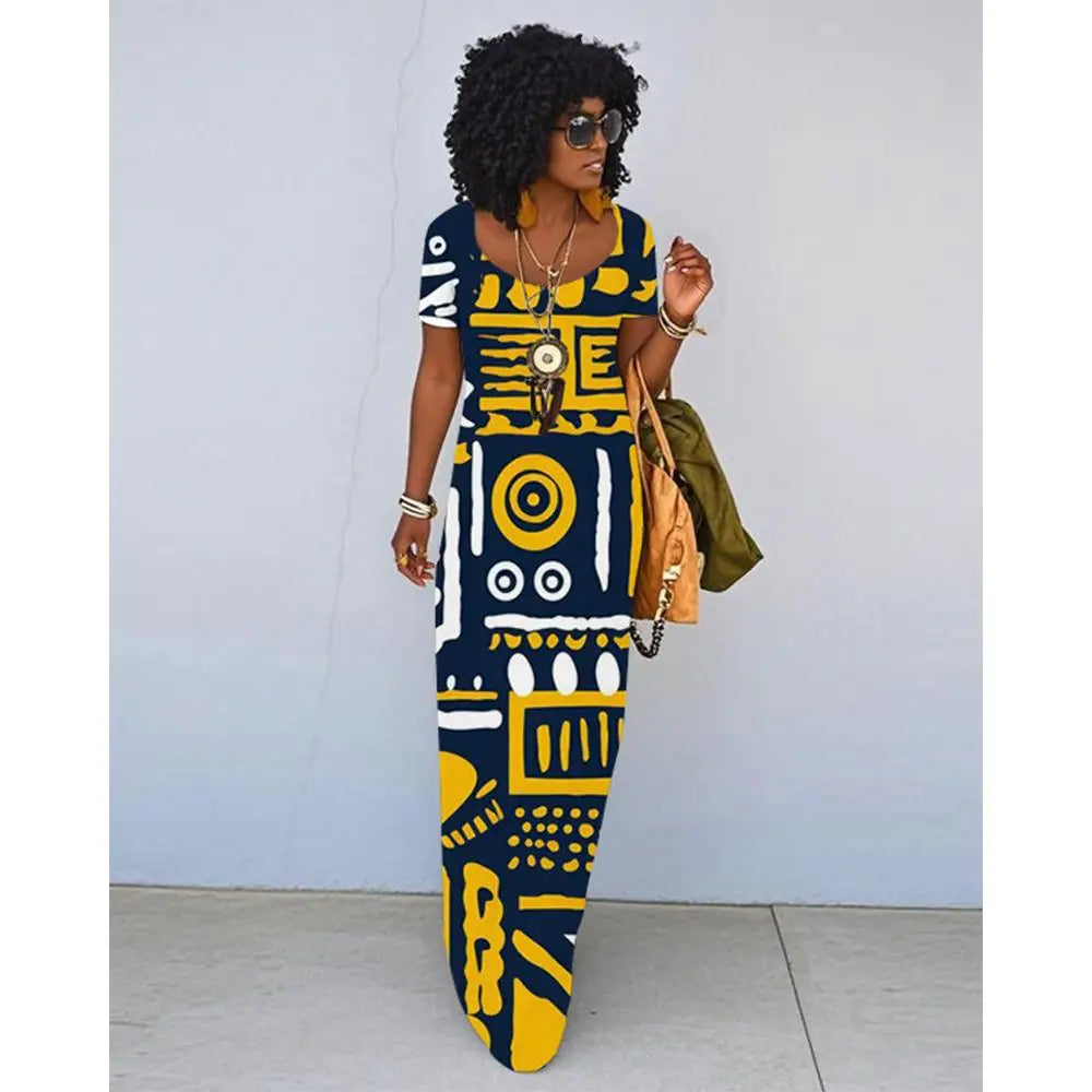 African Ethnic Print Dress For Women Summer Retro Literary Slim Dress Fashionable Daily Travel Loose Short-sleeved Long Dress