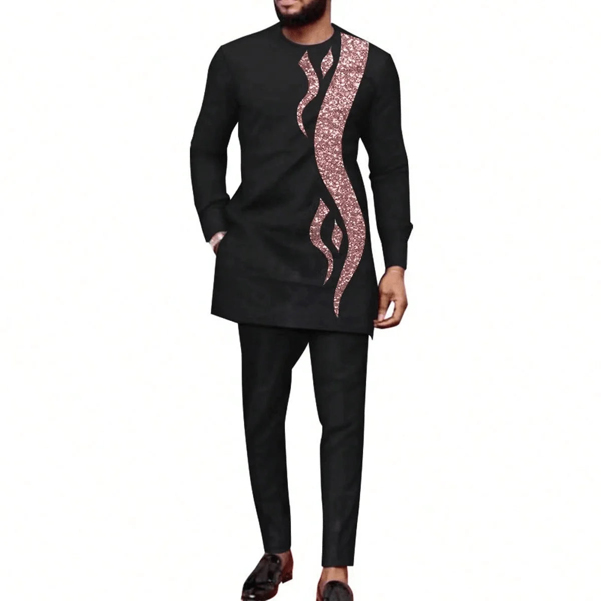 Vêtements pour hommes africains costume deux pièces pantalon ensemble col rond couture couleur unie manches longues Festival Style ethnique social