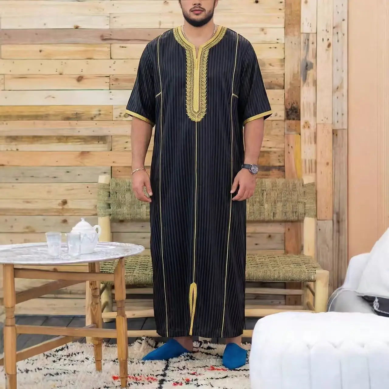 Gandoura marocaine pour hommes musulmans, thobe ample à manches courtes, broderie magnifique, vêtements traditionnels islamiques confortables pour hommes, pour les fêtes