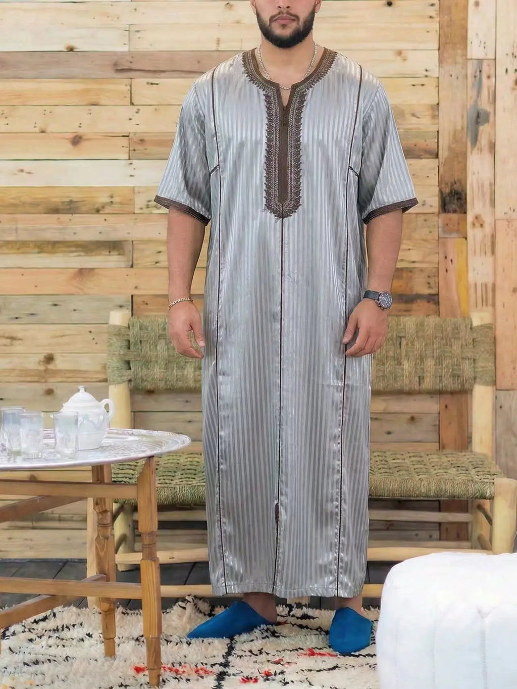 Gandoura marocaine pour hommes musulmans, thobe ample à manches courtes, broderie magnifique, vêtements traditionnels islamiques confortables pour hommes, pour les fêtes