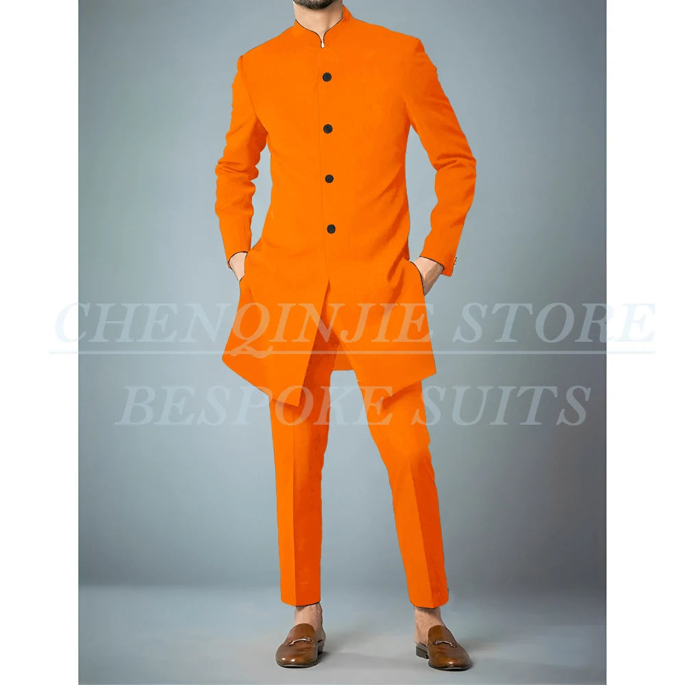 Costumes africains à simple boutonnage pour hommes, vêtements masculins de haute qualité, veste et pantalon, coupe couvertes, revers debout, bleu marine, tenues 2 pièces