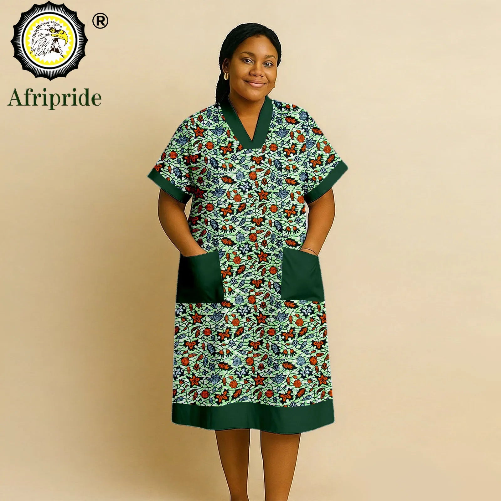 African Dresses for Women Short Sleeve V-Neck High Waist Pocket Elegant Fashion Ankara Attire Floral Printed Dresses 2625032