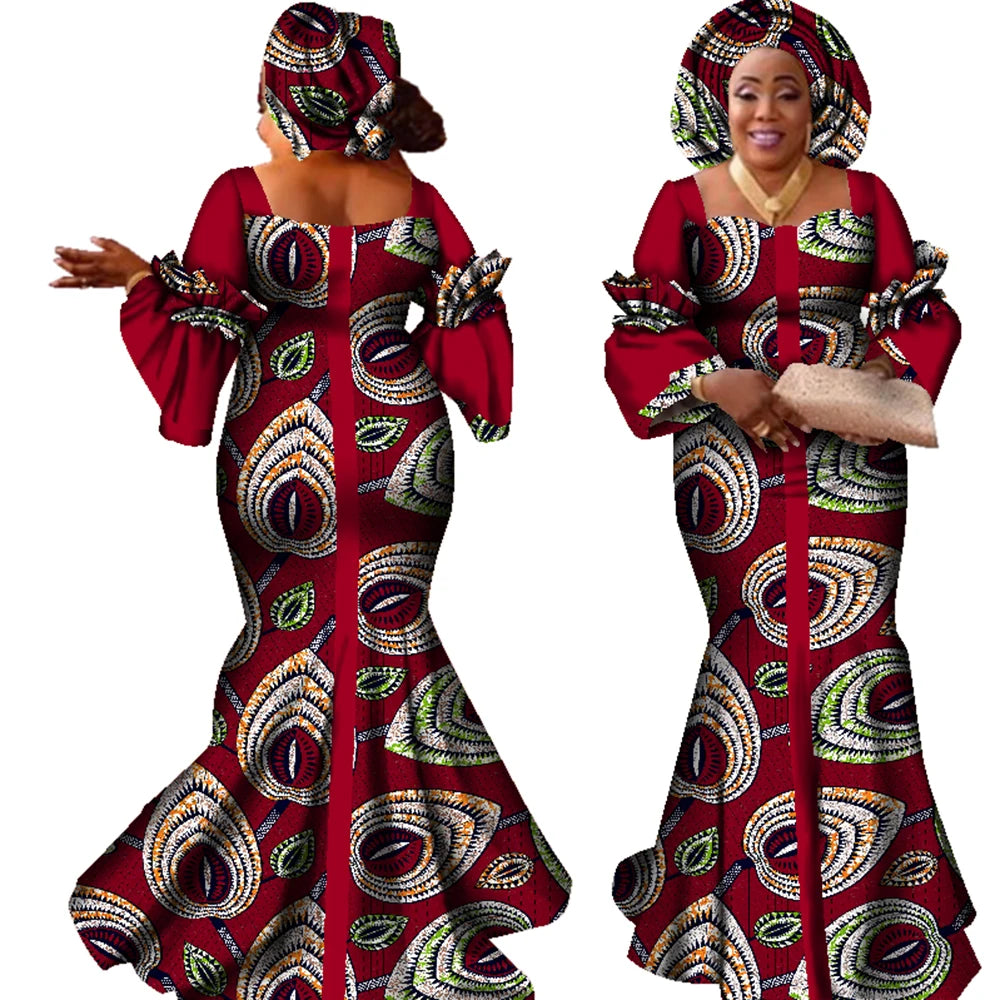 African Dresses for Women Fashion Design New African Bazin Fashion Design Dress Long Dress with Scarf African Clothes WY2347
