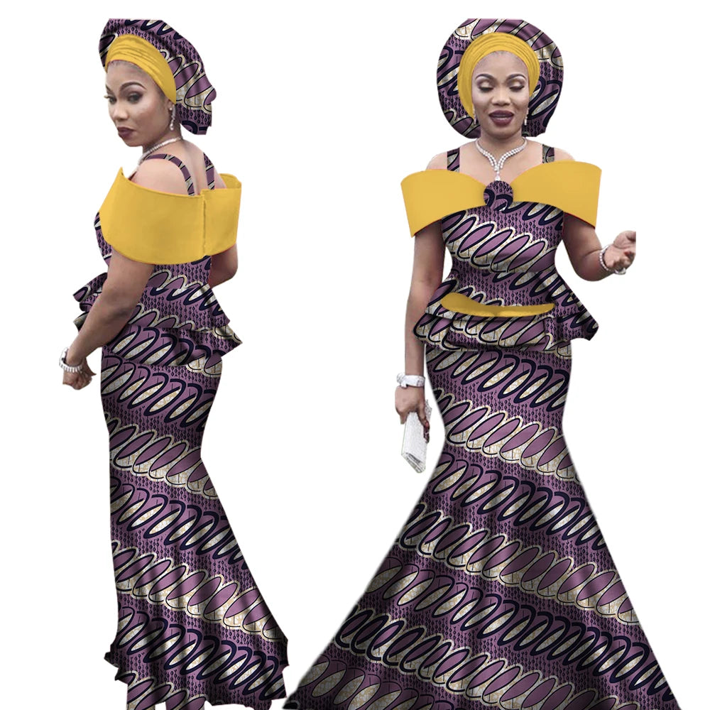 African Outfits with Headtie for Women Dashiki Bazin Print Strap Tops and Long Skirts Women Set African Clothing WY3113