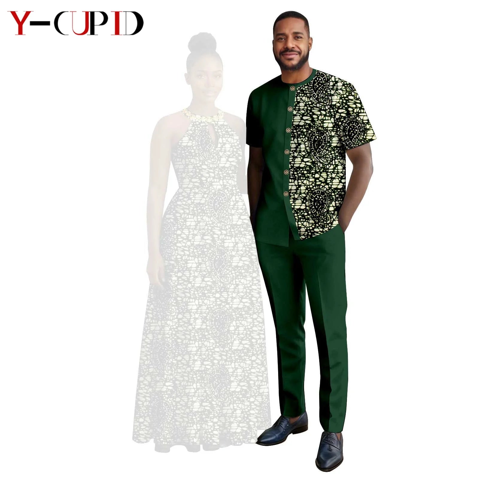 Robes africaines à imprimé Halter pour femmes, tenues assorties pour hommes, ensembles chemise et pantalon, vêtements de couple africains pour fête 26C005