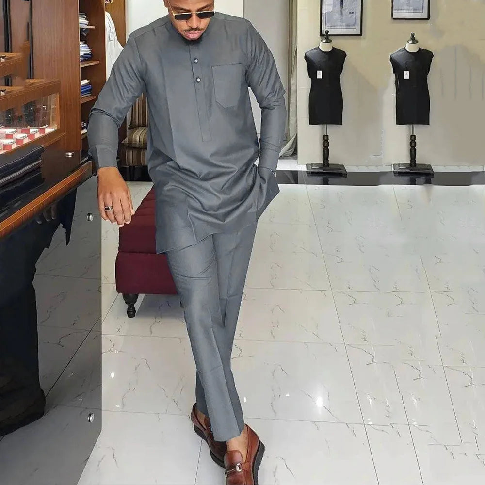 Chemise africaine pour hommes, tenues de fête, poches ethniques, épissage, Simple, manches longues, col rond, chemisier, pantalon, costume deux pièces