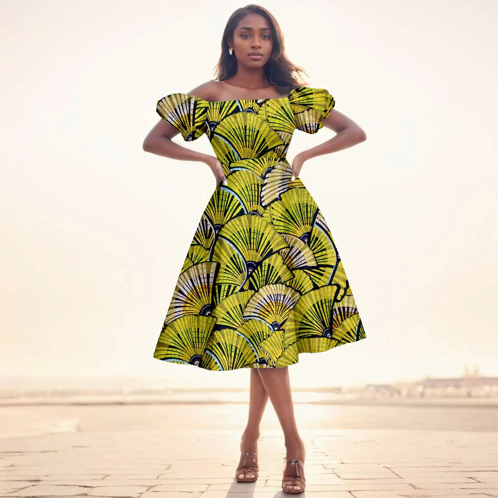 African Dresses for Women Short Sleeve High Waist Print Midi Dress Ankara Attire Traditional Outfit Elegant Fashion Wear 2425102