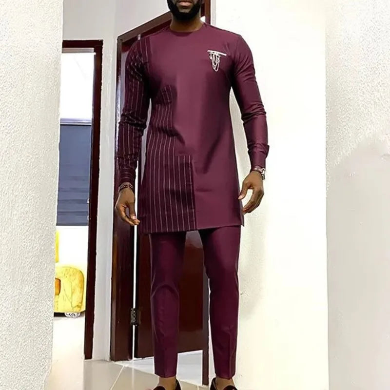 Costume de mariage traditionnel africain musulman pour homme, ensemble 2 pièces, haut à col rond à manches longues et pantalon, tenue formelle pour le marié118