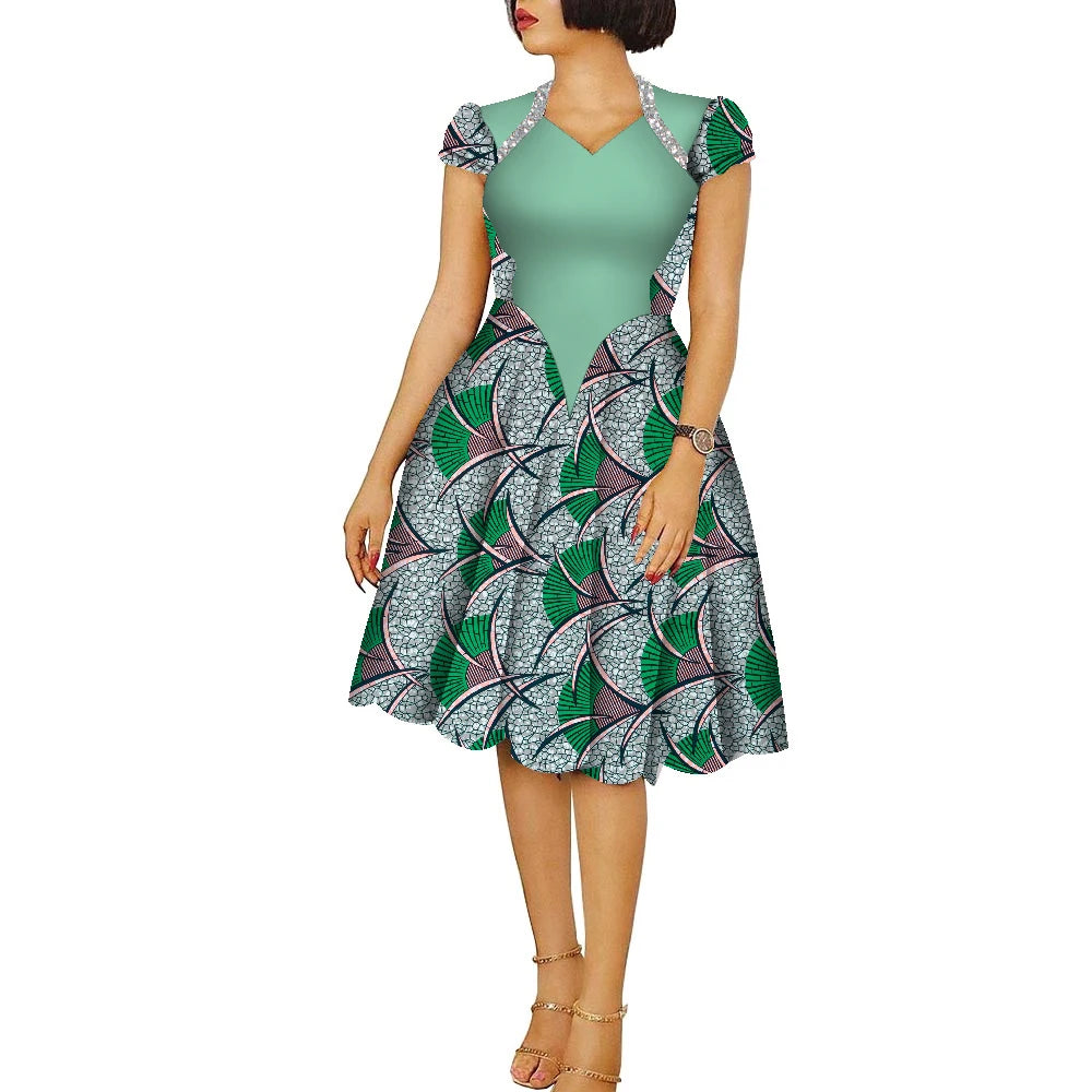African Dresses for Women Ankara Fashion Patchwork Knee Length Pleated Lady Dresses Vintage Maxi Women V-neck Dress WY9273