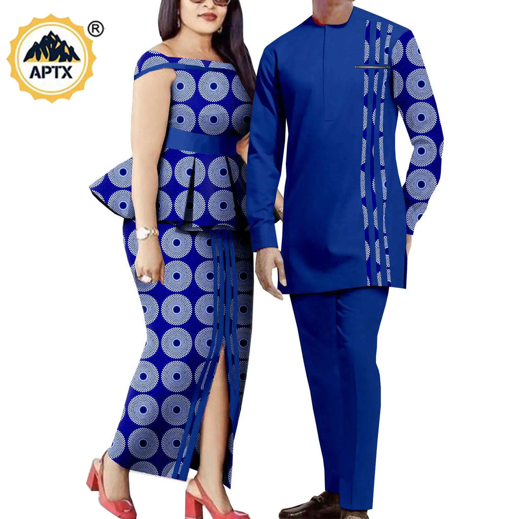 Tenues de couple assorties pour hommes, ensembles chemises et pantalons, robes africaines Dashiki pour femmes, haut et jupes fendues pour mariage, Y23C006