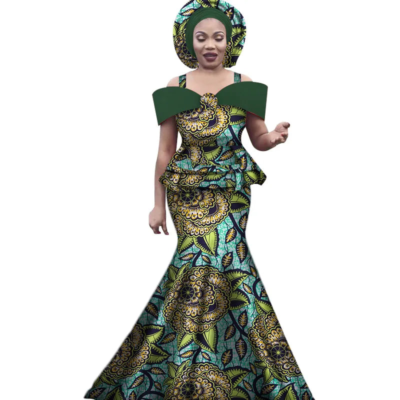 African Outfits with Headtie for Women Dashiki Bazin Print Strap Tops and Long Skirts Women Set African Clothing WY3113