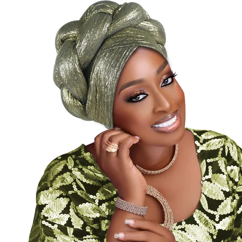 Auto Gele-Turban Africain pour Femme Musulmane, Cravate de Sauna, Chapeau Rond Plissé, Hijab Aso Oke NigWin, Foulard de Tête