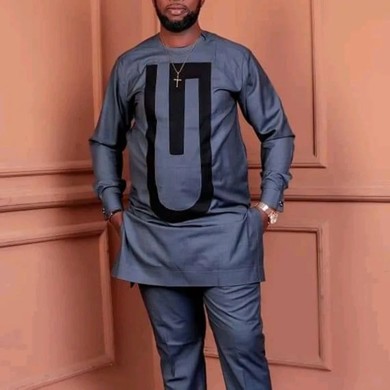 Costume de mariage traditionnel africain musulman pour homme, ensemble 2 pièces, haut à col rond à manches longues et pantalon, tenue formelle pour le marié118