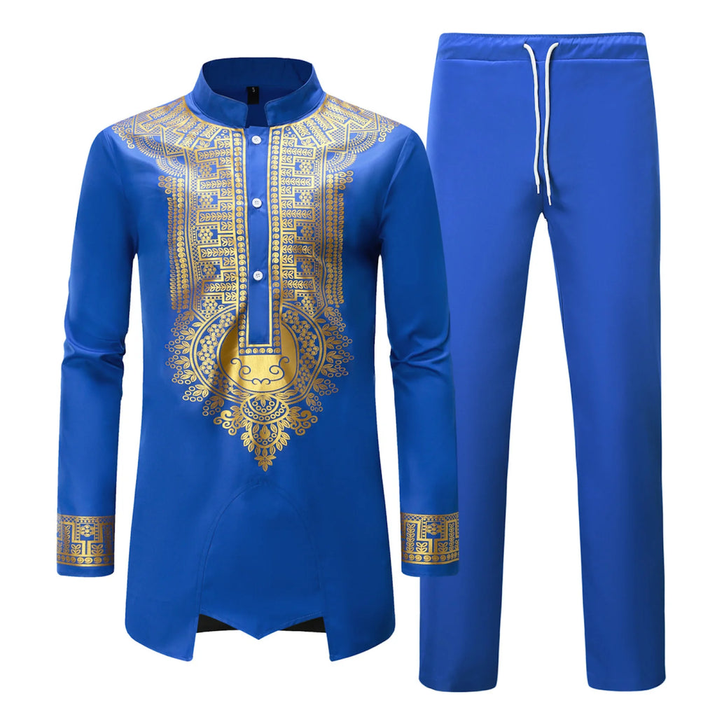 Ensemble chemise et pantalon pour hommes africains, 2 pièces, imprimé en métal, manches longues, Kaftan Dashiki, uniforme traditionnel africain, Costume décontracté à la mode