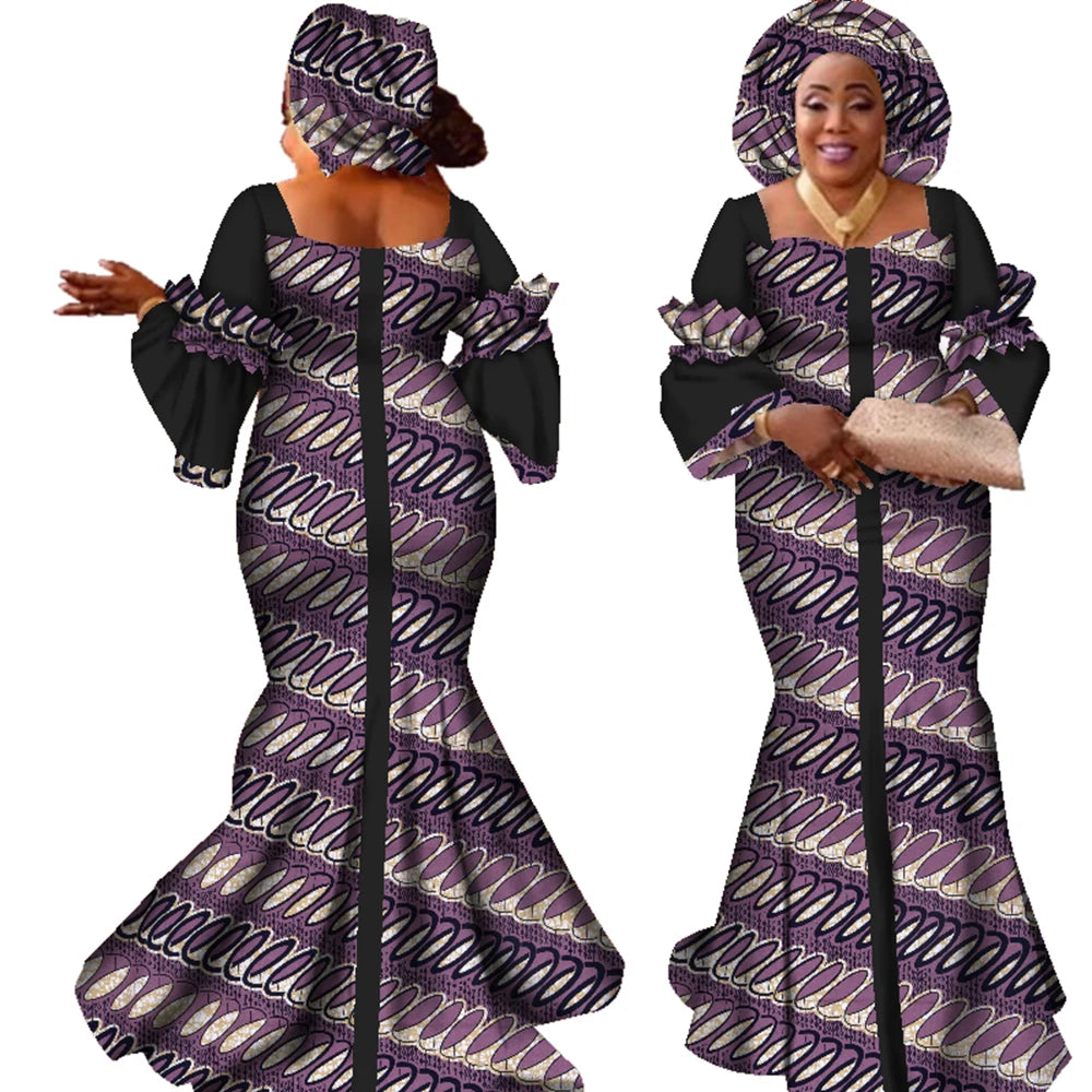 African Dresses for Women Fashion Design New African Bazin Fashion Design Dress Long Dress with Scarf African Clothes WY2347
