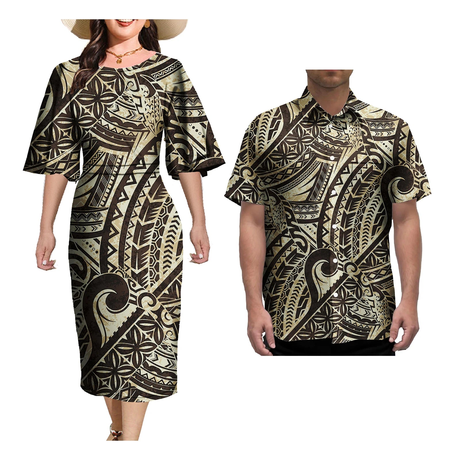 Ensemble de Tenue de Couple pour Femme et Homme, Robes Élégantes, Jupe Sexy, Tatouage Samoa, Imprimé, Décontracté, Assortie