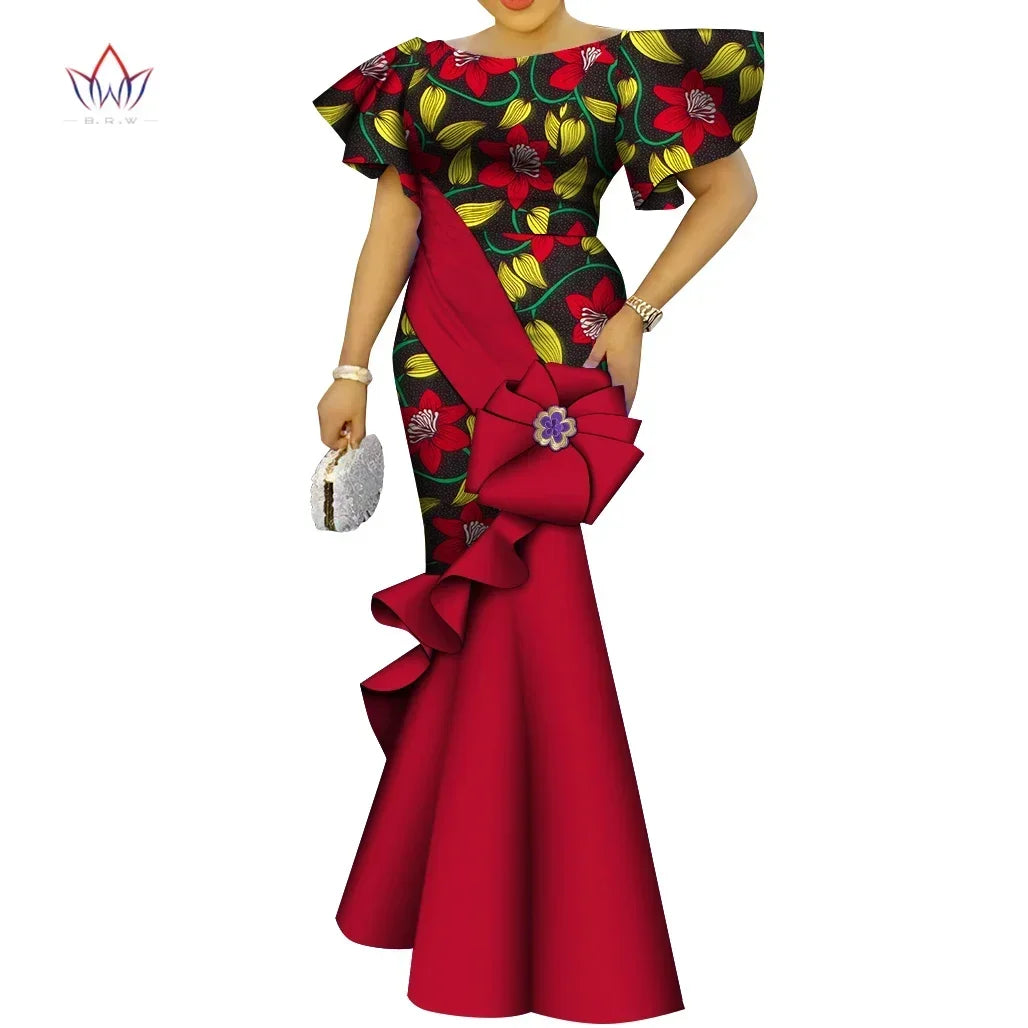 African Women's Dress Elegant Ladies Evening Gowns Ankara Long Robes Flower Dresses Vestidos Church Dresses for Women WY9498