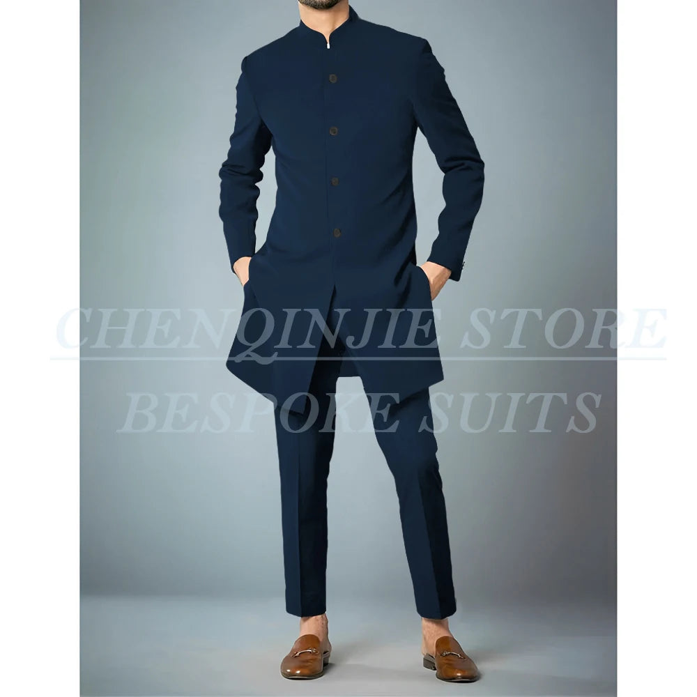 Costumes africains à simple boutonnage pour hommes, vêtements masculins de haute qualité, veste et pantalon, coupe couvertes, revers debout, bleu marine, tenues 2 pièces