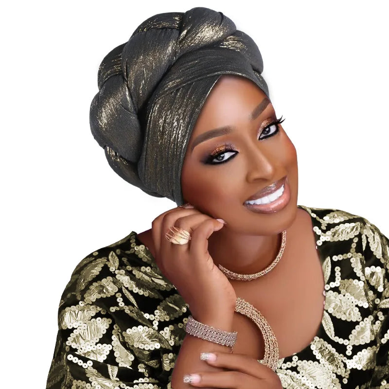 Auto Gele-Turban Africain pour Femme Musulmane, Cravate de Sauna, Chapeau Rond Plissé, Hijab Aso Oke NigWin, Foulard de Tête