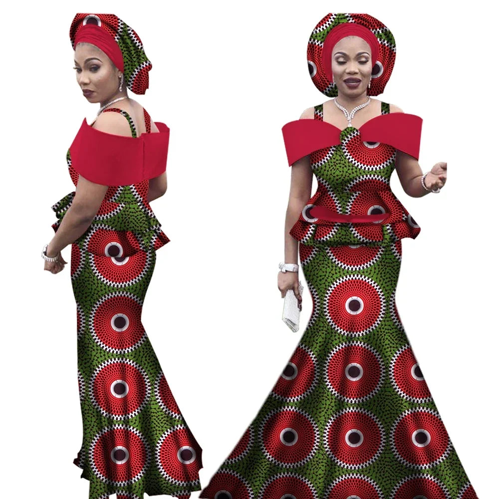 African Outfits with Headtie for Women Dashiki Bazin Print Strap Tops and Long Skirts Women Set African Clothing WY3113