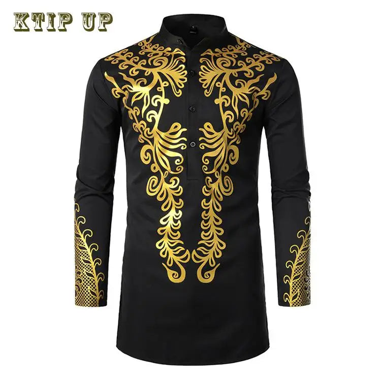 Abaya islamique arabe pour hommes Robe imprimé ethnique col montant chemise mi-longue pour jeunes manteau de luxe vêtements décontractés pour hommes musulmans à la mode