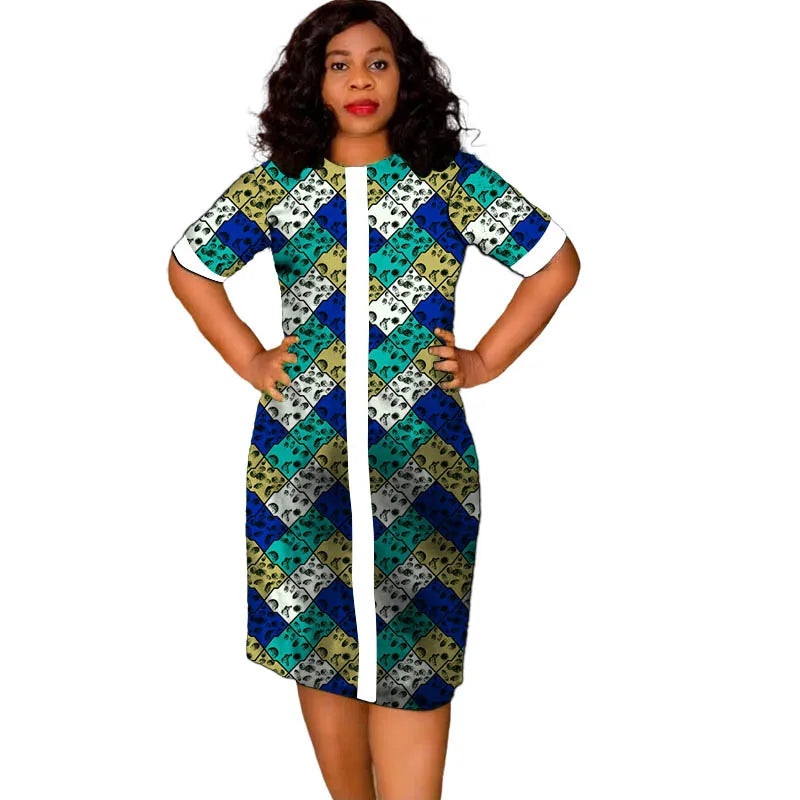 African Fashion O-Neck Dress White&Wax Patchwork Original Design Tailor Made Women's Outfit Colorful Print Female Party Wear