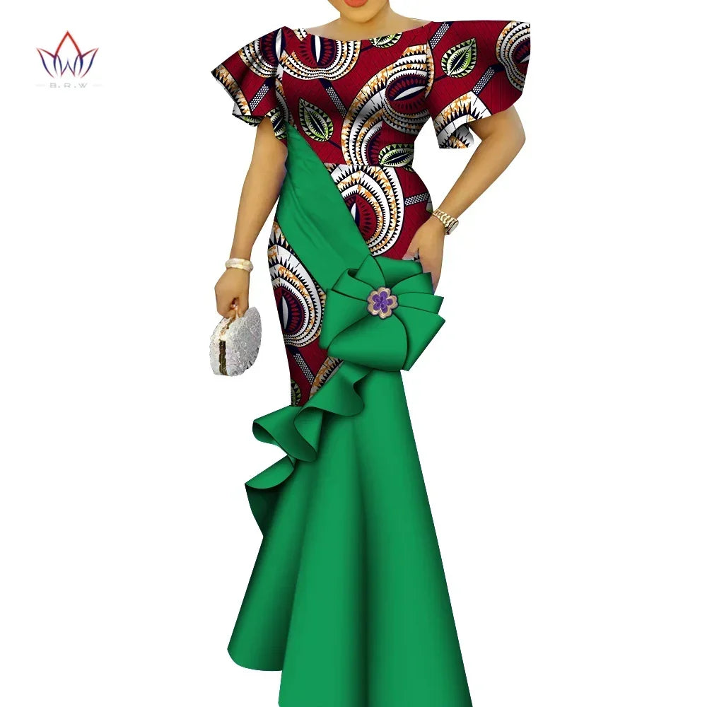 African Women's Dress Elegant Ladies Evening Gowns Ankara Long Robes Flower Dresses Vestidos Church Dresses for Women WY9498