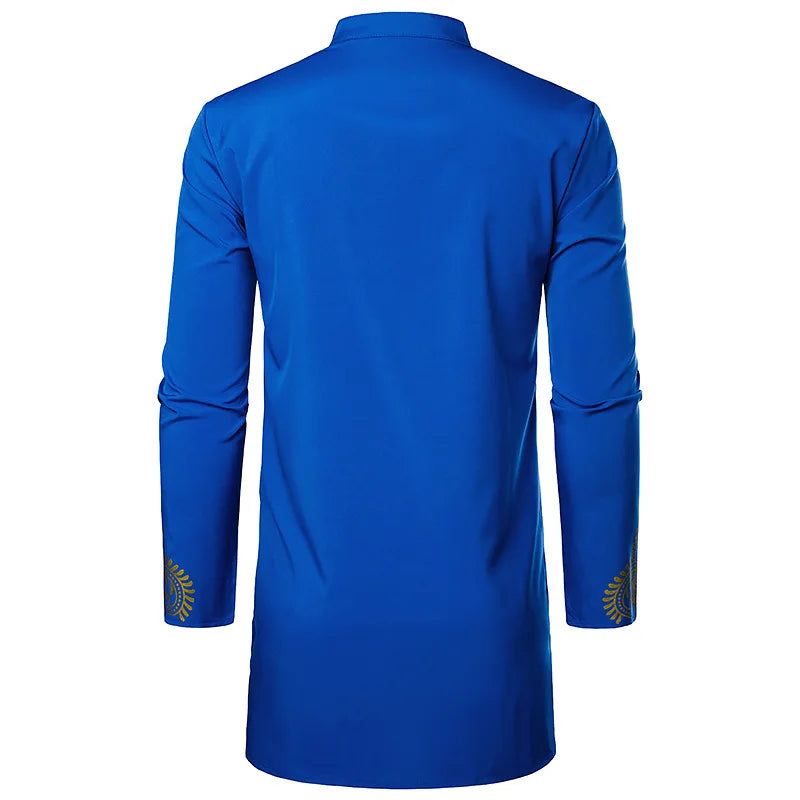 Abaya islamique arabe pour hommes Robe imprimé ethnique col montant chemise mi-longue pour jeunes manteau de luxe vêtements décontractés pour hommes musulmans à la mode