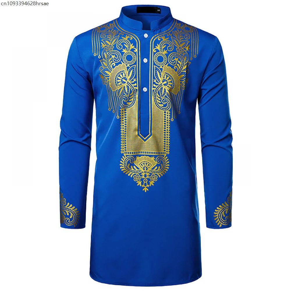 Chemise africaine traditionnelle pour hommes, imprimé fleurs dorées, chemise à manches longues, tenues ethniques décontractées, Streetwear africain de mariage