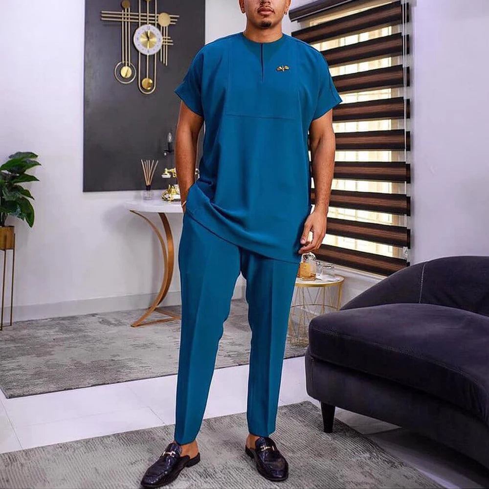 Vêtements pour hommes africains costume deux pièces pantalon ensemble col rond couture couleur unie manches longues Festival Style ethnique social