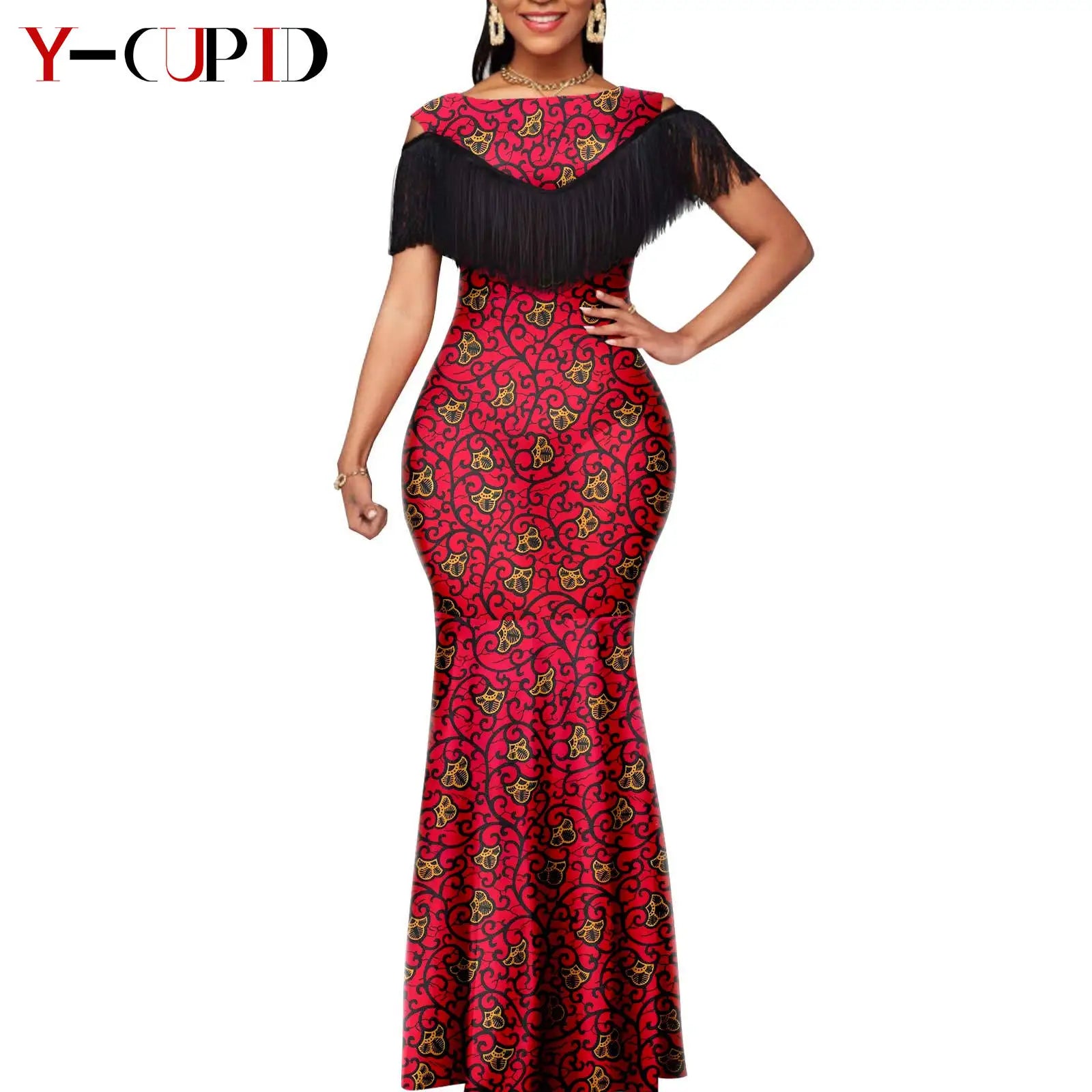 African Dresses for Women Matching Couple Outfits Bazin Riche Dashiki Slim Tassel Print Long Dresses for Party Vestidos Y23C009