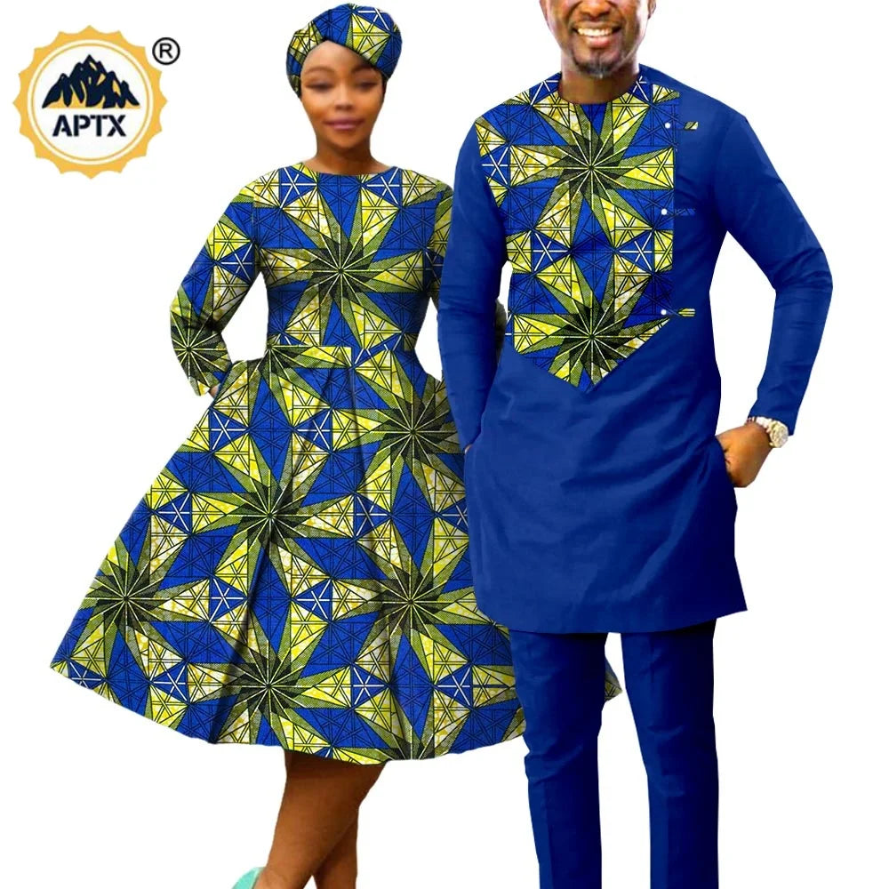 African Print Dresses for Women with Headwrap Matching Couple Outfits Men Patchwork Shirt and Pants Sets Africa Clothing Y22C075