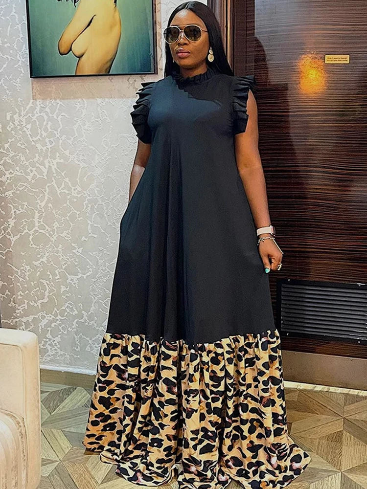 Long African Maxi Dress Women Leopard Print Patchwork Robes Africa Clothing Summer New Fashion Streetwear African Dress Vestidos