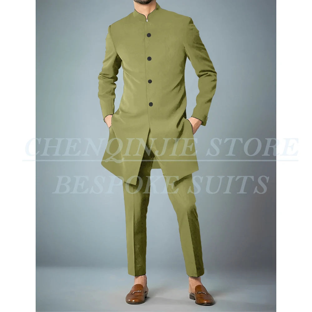 Costumes africains à simple boutonnage pour hommes, vêtements masculins de haute qualité, veste et pantalon, coupe couvertes, revers debout, bleu marine, tenues 2 pièces