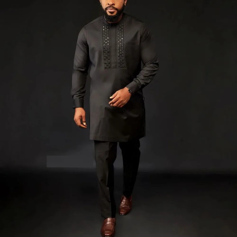 Ensemble 2 pièces ethnique africain pour hommes, décontracté, manches longues, couleur unie, chemise et pantalon, confortable, vêtements de détente, nouvelle collection automne 2024
