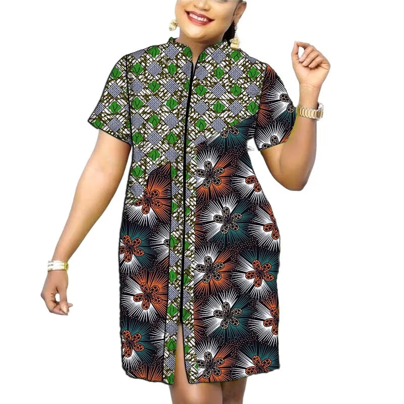 Original Design African Print Women’s Dress Stand Collar Frock Tailored Traditional Party Wear Retro Patchwork Designs
