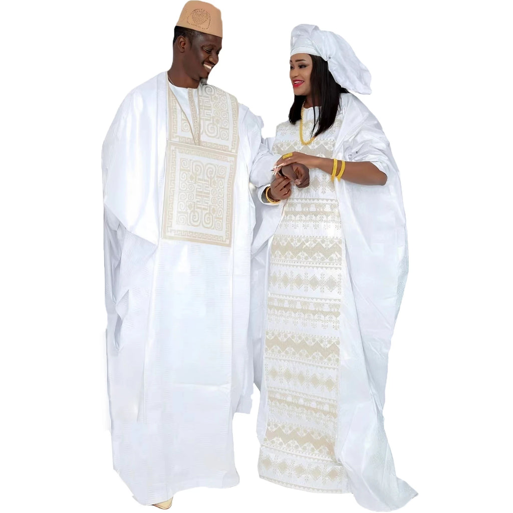 Robes africaines pour Couples, robes traditionnelles brodées Bazin, longueur au sol, avec écharpe, Design de Couple
